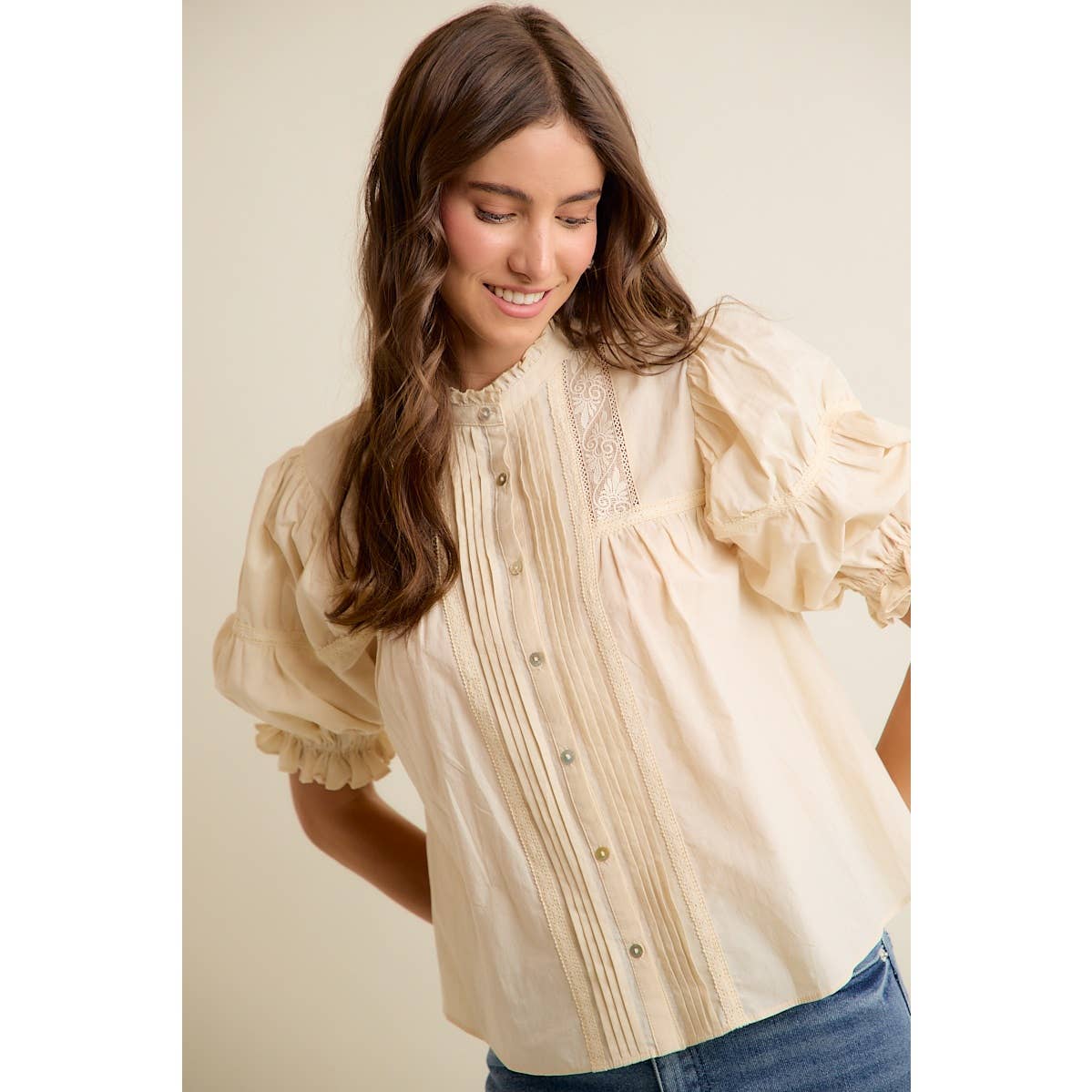 So Me - LACE PINTUCK BUTTON SHORT SLEEVES COTTON BLOUSE TOP