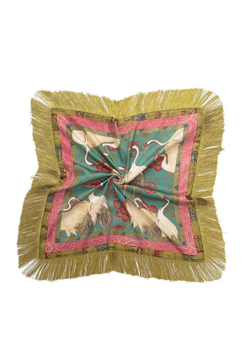 Fringed Floral Crane Print Square Scarf
