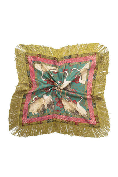 Fringed Floral Crane Print Square Scarf