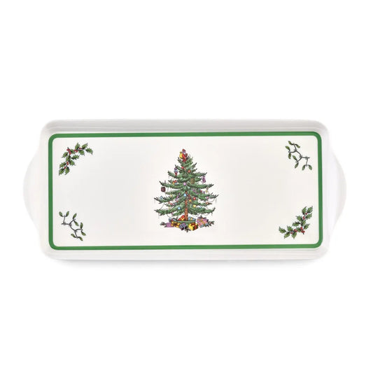 Spode Christmas Tree melamine sandwich tray with green border and festive tree design with holly sprigs