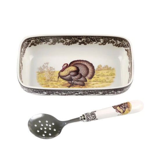 Spode Woodland turkey cranberry dish with slotted spoon, brown and cream