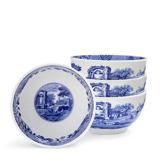 Four Spode Blue Italian dip bowls with blue and white transfer pattern stacked together
