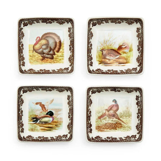 Four Spode Woodland Square Dishes displaying turkey, duck, pheasant, and bird wildlife illustrations