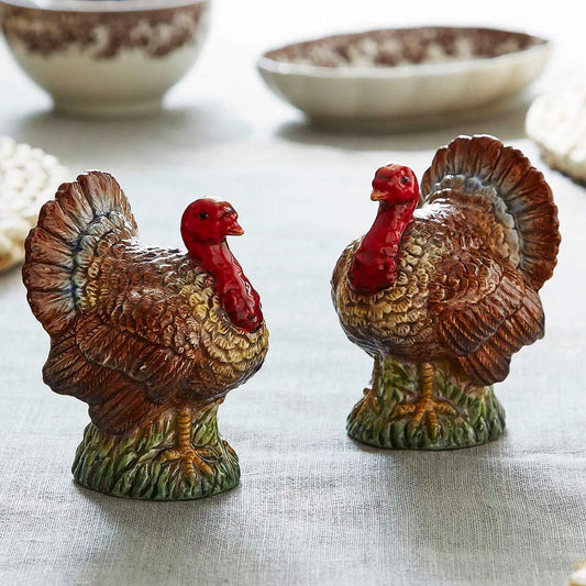Spode Woodland Turkey salt and pepper set with hand-painted brown turkey figurines and grass bases