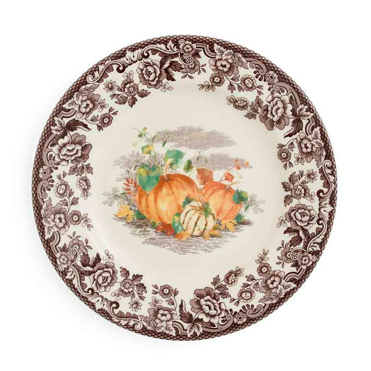 Spode Woodland salad plate with cream body, brown floral border, and hand-painted pumpkins center