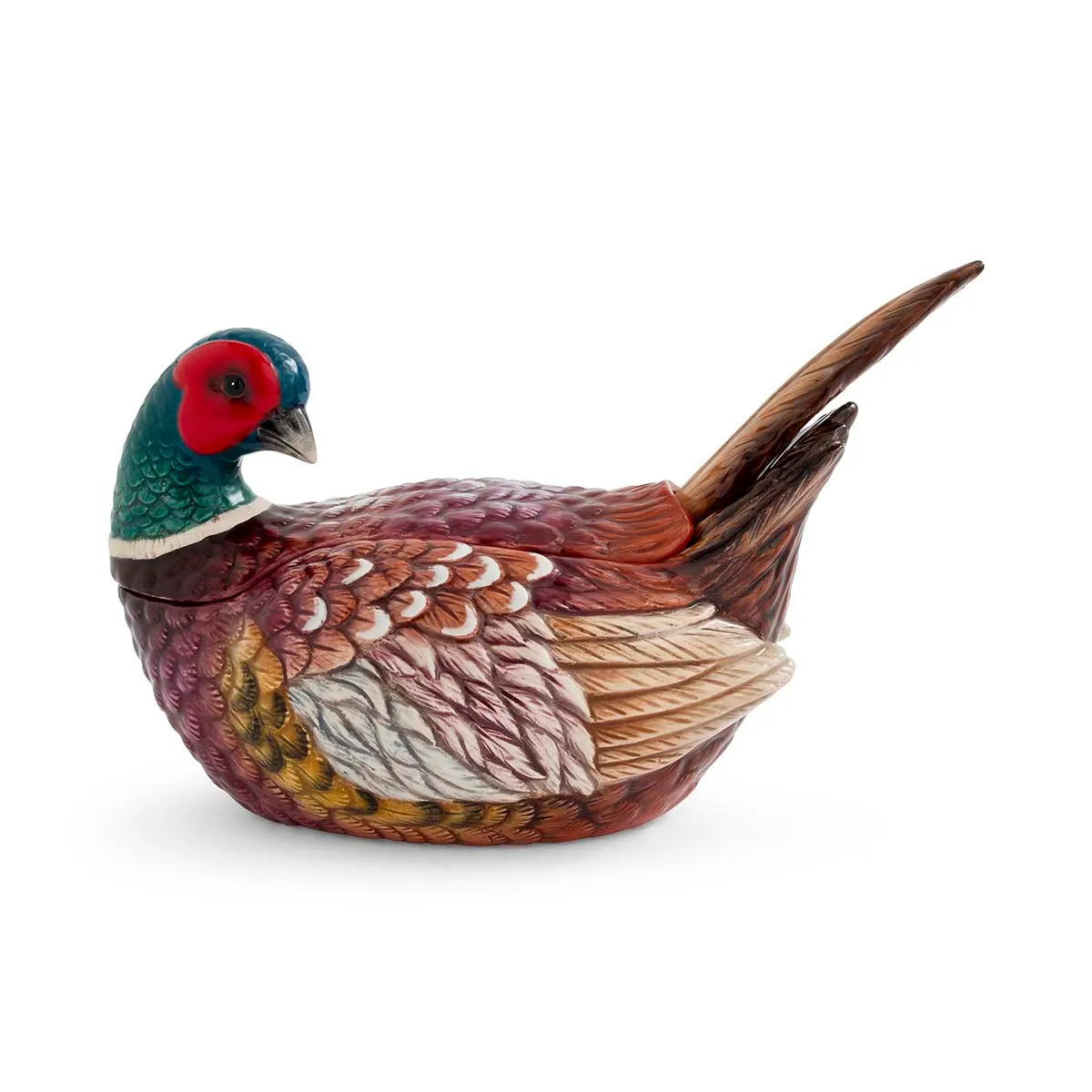 A ceramic Spode Woodland Pheasant Gravy Boat and Ladle, featuring a pheasant with vibrant green, red, brown, yellow, and white plumage, makes a unique serving piece that captures the charm of woodland wildlife when displayed against a plain white background.