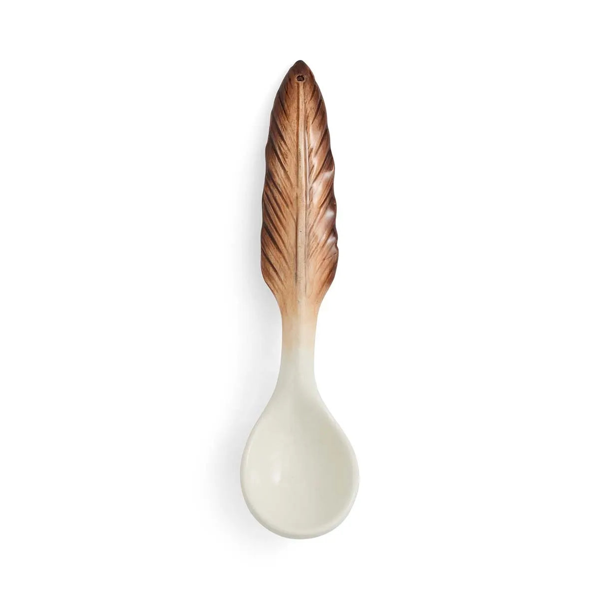 The Spode Woodland Pheasant Gravy Boat and Ladle by Spode features a ceramic ladle with a handle shaped and painted to resemble a brown pheasant feather, shown against a white background.
