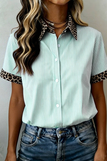 66DISCO - Leopard Trim Striped Button-Down Short Sleeve Shirt (S-XL)