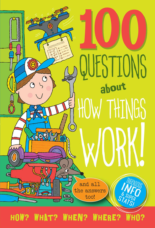 Bright yellow cover of 100 Questions about How Things Work! by Peter Pauper Press with cartoon mechanic character surrounded by tools