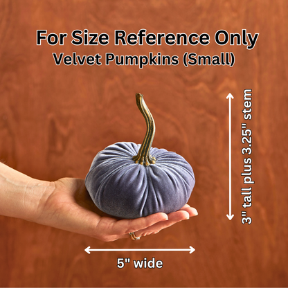 A hand holds the “Your Heart’s Content - Pumpkin Small Velvet,” a stylish blue velvet pumpkin featuring a long 3.25-inch stem, perfect for a Valentine’s mantel or autumn table décor. Measuring 5 inches wide and 3 inches tall (plus stem), this charming piece by Your Heart’s Content is displayed against a brown wood background for size reference.