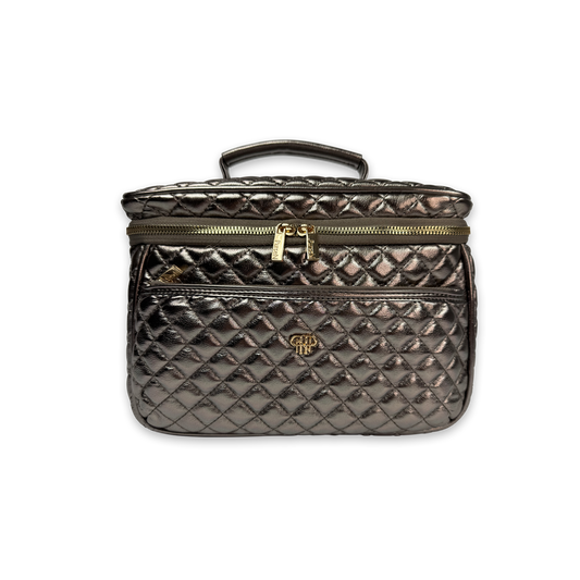 PurseN Classic Train Case bronze quilted, front view with top handle and dual zipper compartments