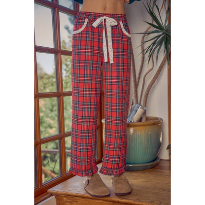 So Me - RUFFLED BOTTOM DETAIL CHRISTMAS PLAID CHECK LACE TRIM PANTS