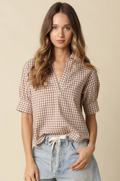 Olivaceous - Anni Gingham Puff Sleeve Blouse