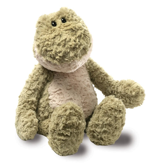 Giffa Big Plush Frog in sage green and cream, seated front view