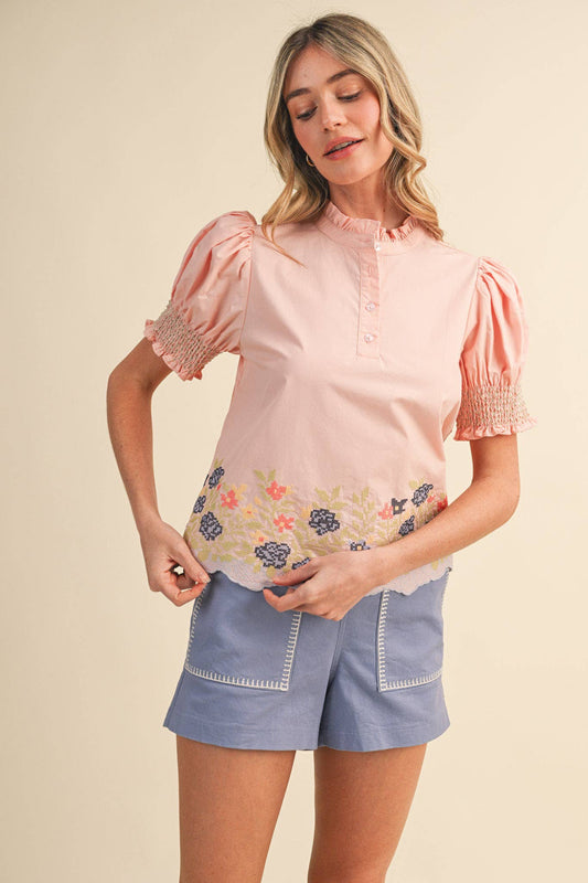 &MERCI - FLORAL EMBROIDERY SMOCKED PUFF SLEEVE TOP