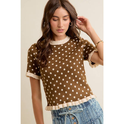 So Me - POLKA DOT RUFFLED SHORT SLEEVES SWEATER KNIT TOP
