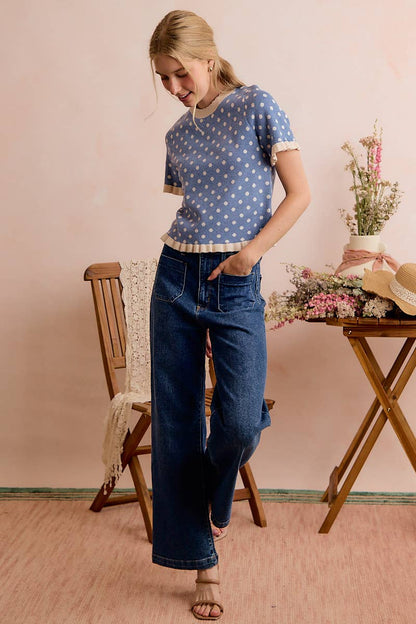 So Me - POLKA DOT RUFFLED SHORT SLEEVES SWEATER KNIT TOP