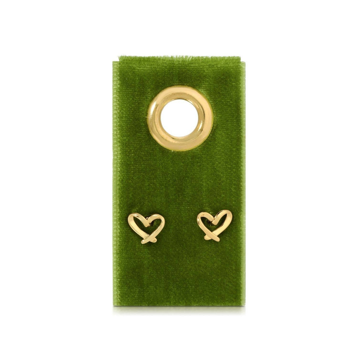 Splendid Iris Free Form Heart Studs on green velvet gift tag with gold heart earrings