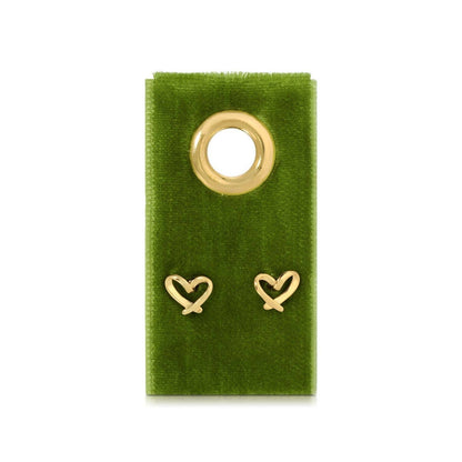 Splendid Iris Free Form Heart Studs on green velvet gift tag with gold heart earrings