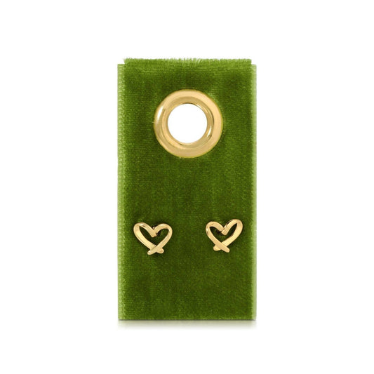 Splendid Iris Free Form Heart Studs on green velvet gift tag with gold heart earrings