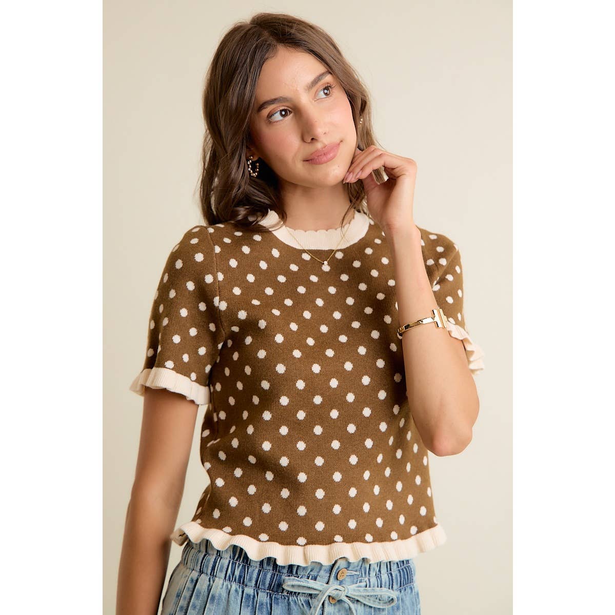 So Me - POLKA DOT RUFFLED SHORT SLEEVES SWEATER KNIT TOP