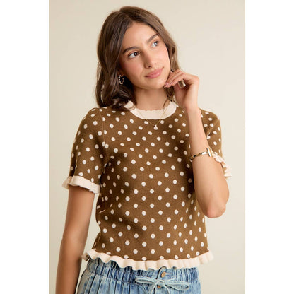 So Me - POLKA DOT RUFFLED SHORT SLEEVES SWEATER KNIT TOP