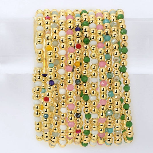 Splendid Iris 4mm bead stretch bracelets in assorted colors stacked together, flat lay