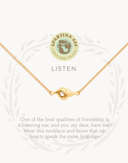 The Spartina Sea La Vie Listen Necklace by Spartina showcases a delicate gold pendant shaped like an ear embracing a pearl, displayed on a white background with the word "LISTEN" and an inspiring quote about the importance of listening in friendship, making it an ideal gift for friends.
