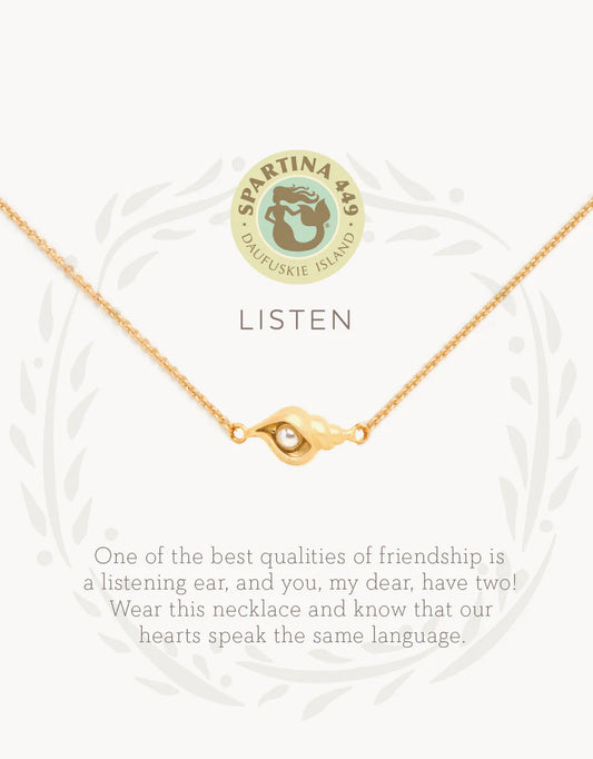 The Spartina Sea La Vie Listen Necklace by Spartina showcases a delicate gold pendant shaped like an ear embracing a pearl, displayed on a white background with the word "LISTEN" and an inspiring quote about the importance of listening in friendship, making it an ideal gift for friends.
