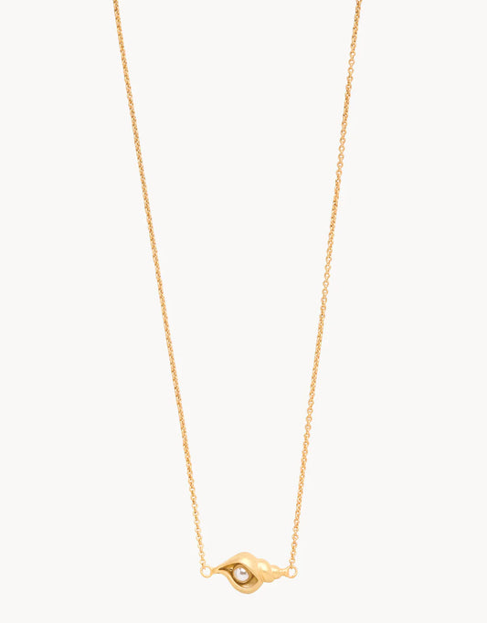 Adorned with a small, abstract eye-shaped pendant featuring a central clear stone, the Spartina Sea La Vie Listen Necklace by Spartina is beautifully displayed on a plain white background—making it the ideal friendship gift for someone special.