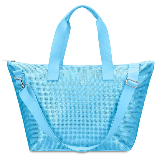Iscream Blue Rhinestone Overnight Bag with metallic mesh, handles, and shoulder strap