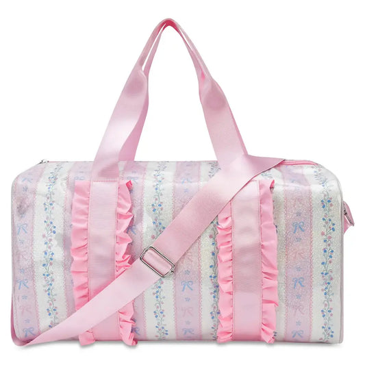 Iscream Floral Stripes Duffel Bag in pink and cream with floral print, pink ruffled trim, and matching shoulder straps