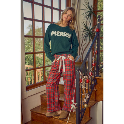 So Me - RUFFLED BOTTOM DETAIL CHRISTMAS PLAID CHECK LACE TRIM PANTS