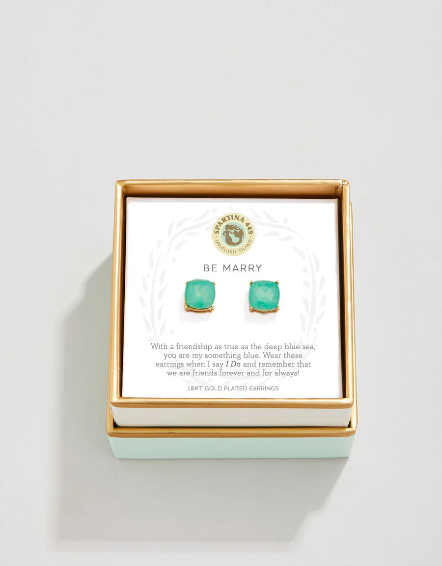 A pair of Spartina Sea La Vie Sea Glass Stud Earrings by Spartina are displayed in an open jewelry box with a card that reads, "BE MARRY," featuring a friendship message and gold accents—perfect as something blue for your special day.