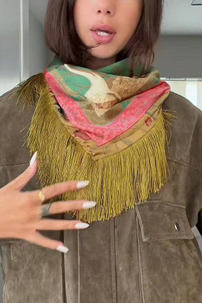 Fringed Floral Crane Print Square Scarf