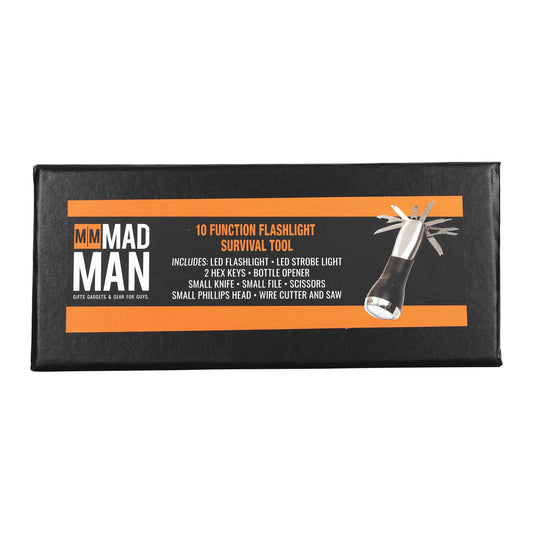 Mad Man survival tool packaging box top showing product details and features