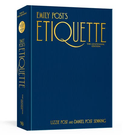 Emily Post's Etiquette Centennial Edition hardcover with navy blue cloth binding and gold lettering
