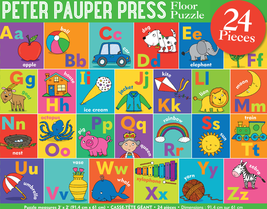 Peter Pauper Press Alphabet Kids' Floor Puzzle featuring colorful blocks with letters A-Z, animals, and objects on bright backgrounds
