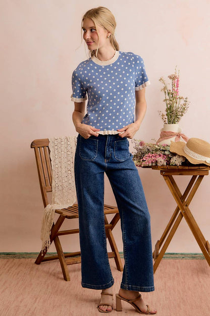 So Me - POLKA DOT RUFFLED SHORT SLEEVES SWEATER KNIT TOP