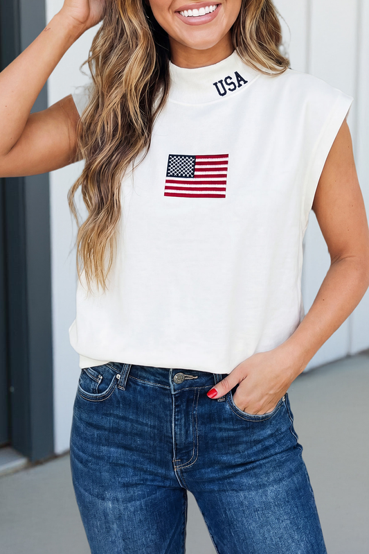 LA Society USA flag embroidered sleeveless top in white with navy and red flag graphic