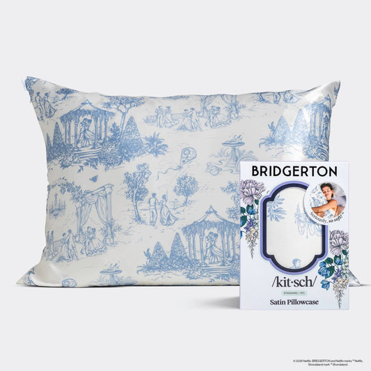 Bridgerton x Kitsch satin pillowcase in garden toile blue and cream with branded packaging