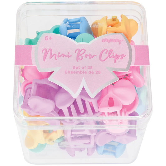 Iscream Mini Bow Clips Set of 25 in clear plastic case with colorful bow-shaped clips in pink, blue, yellow, green, and purple