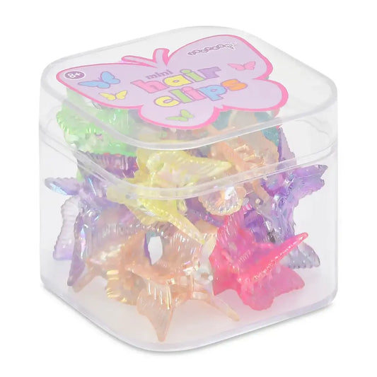 Iscream Butterfly Hair Clips Set in clear plastic container with pink butterfly-shaped label, colorful butterfly clips inside