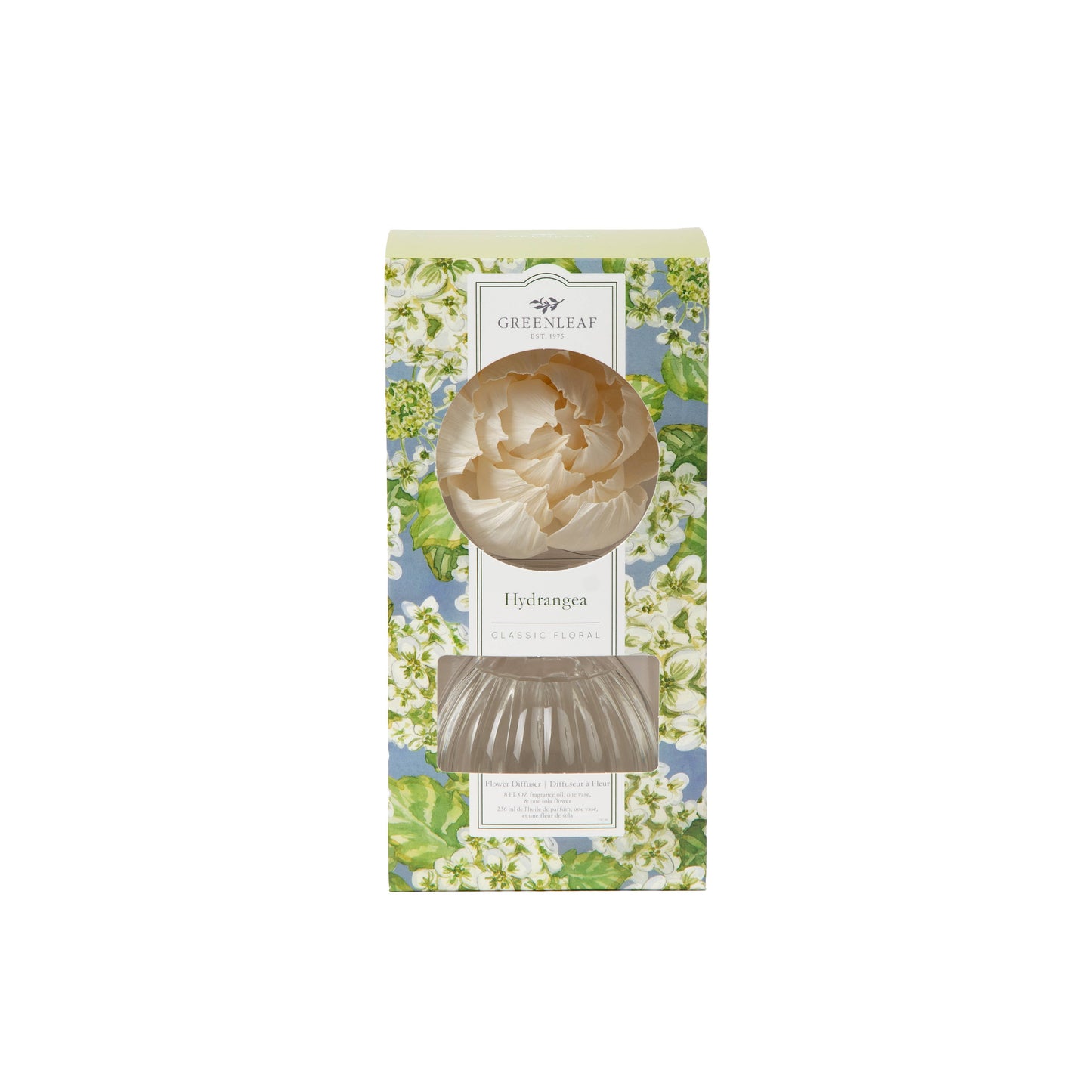 Greenleaf Gifts Hydrangea Flower Diffuser packaging with floral design and cream-colored flower sphere visible through window