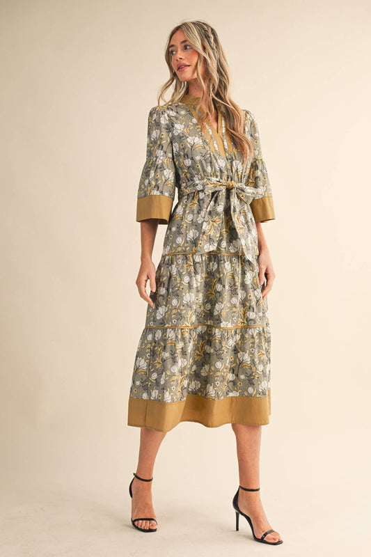 &MERCI - FLORAL PRINT CONTRAST BINDING BELTED MIDI DRESS