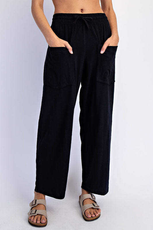 Rae Mode Black Cotton Slub Barrel Pant front view with drawstring waist and cargo pockets