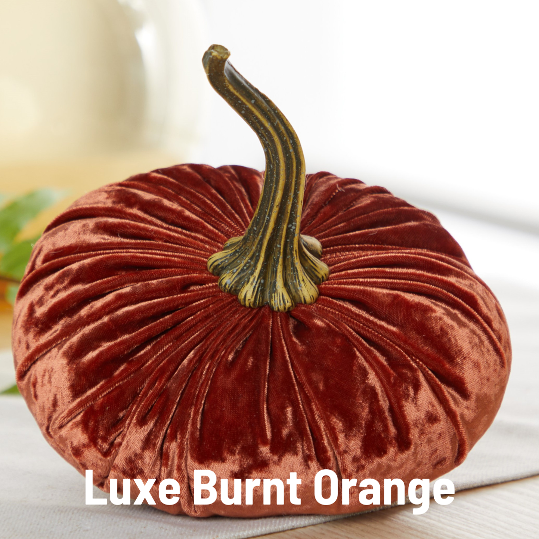 A large velvet pumpkin in burnt orange from Your Heart’s Content features a realistic stem and sits on a white surface, making it an ideal Thanksgiving centerpiece. The text “Your Heart’s Content - Pumpkin Large Velvet” appears at the bottom.