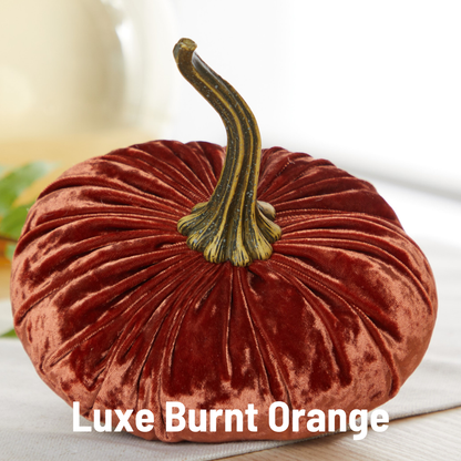A large velvet pumpkin in burnt orange from Your Heart’s Content features a realistic stem and sits on a white surface, making it an ideal Thanksgiving centerpiece. The text “Your Heart’s Content - Pumpkin Large Velvet” appears at the bottom.