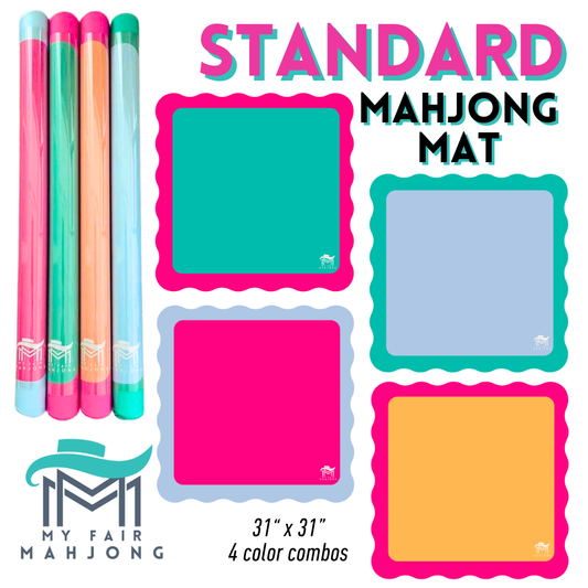My Fair Mahjong Standard 31x31 Mahjong Mat showing four color combos with coordinating pen set