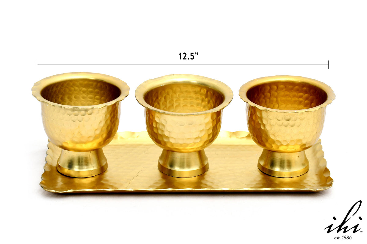 India Handicrafts Inc gold aluminum serving set with three hammered pedestal bowls on rectangular tray, 12.5 inches wide